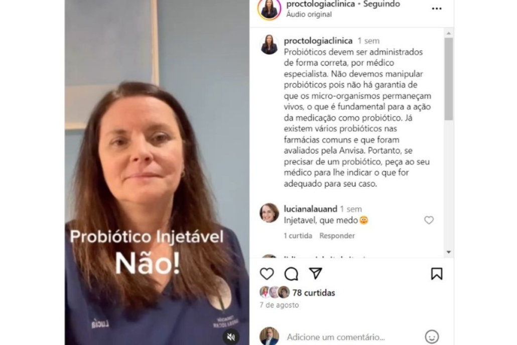 Probiótico injetável, jamais! Alerta Dra Lucia de Oliveira