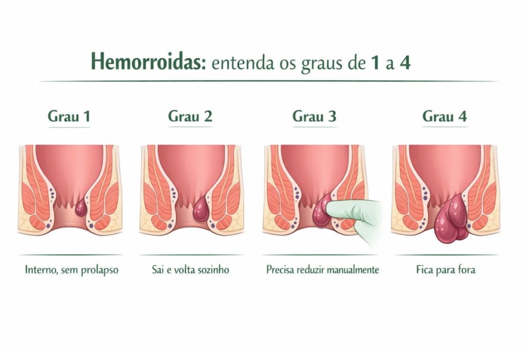 Hemorroidas: graus 1 a 4, sintomas e tratamentos (do consultório à cirurgia)